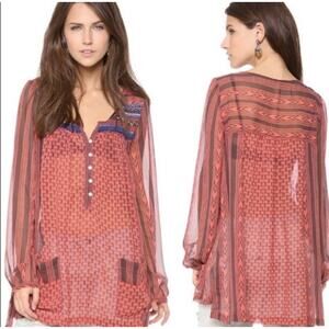 Free People Feather in the Wind Sheer Printed Tunic Blouse Size L Boho Flowy